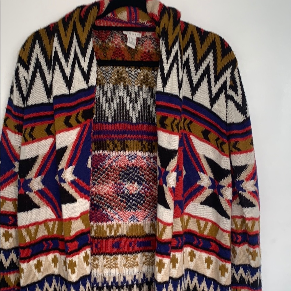 Long cardigan sweater multi colored aztec print